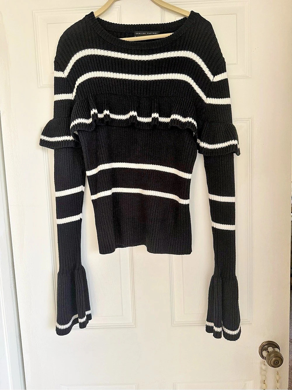 English Factory Black and White Striped Ruffle Sweater